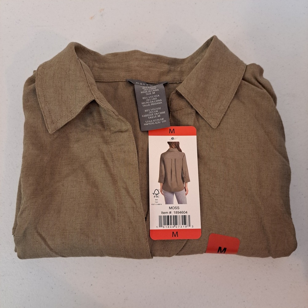 Matty M Womens Moss Green Linen Blend Button Down Shirt 3/4 Sleeve MED